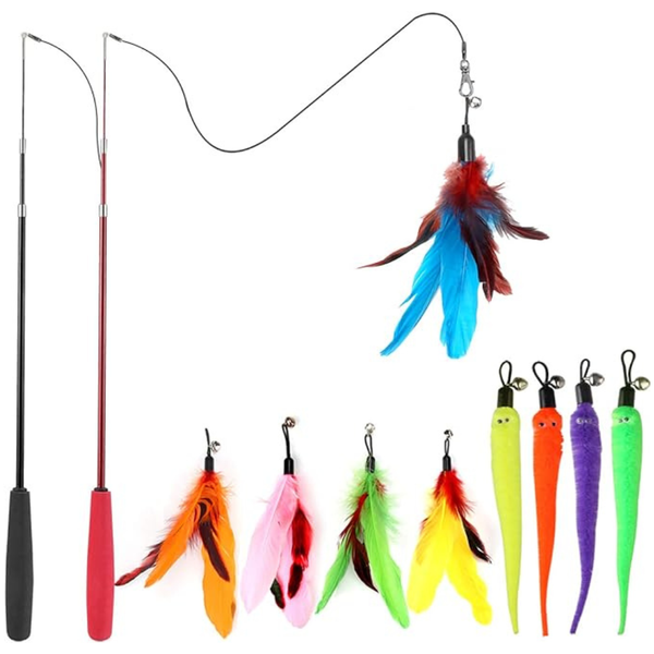 11-Piece Interactive Cat Wand Toy Set, 2 Retractable Poles with Assorted Feather & Worm Refills