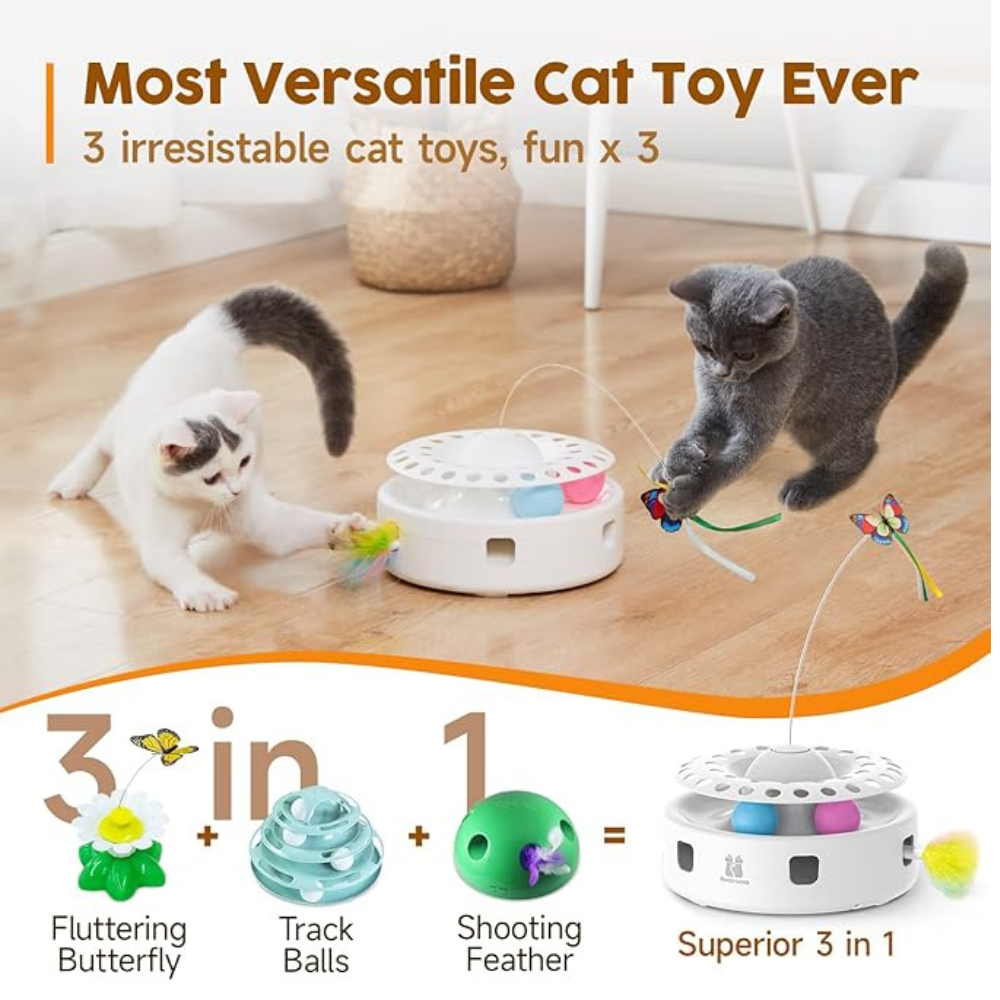 3-in-1 Interactive Automatic Cat Toy, Butterfly, Track Balls & Shooting Feather